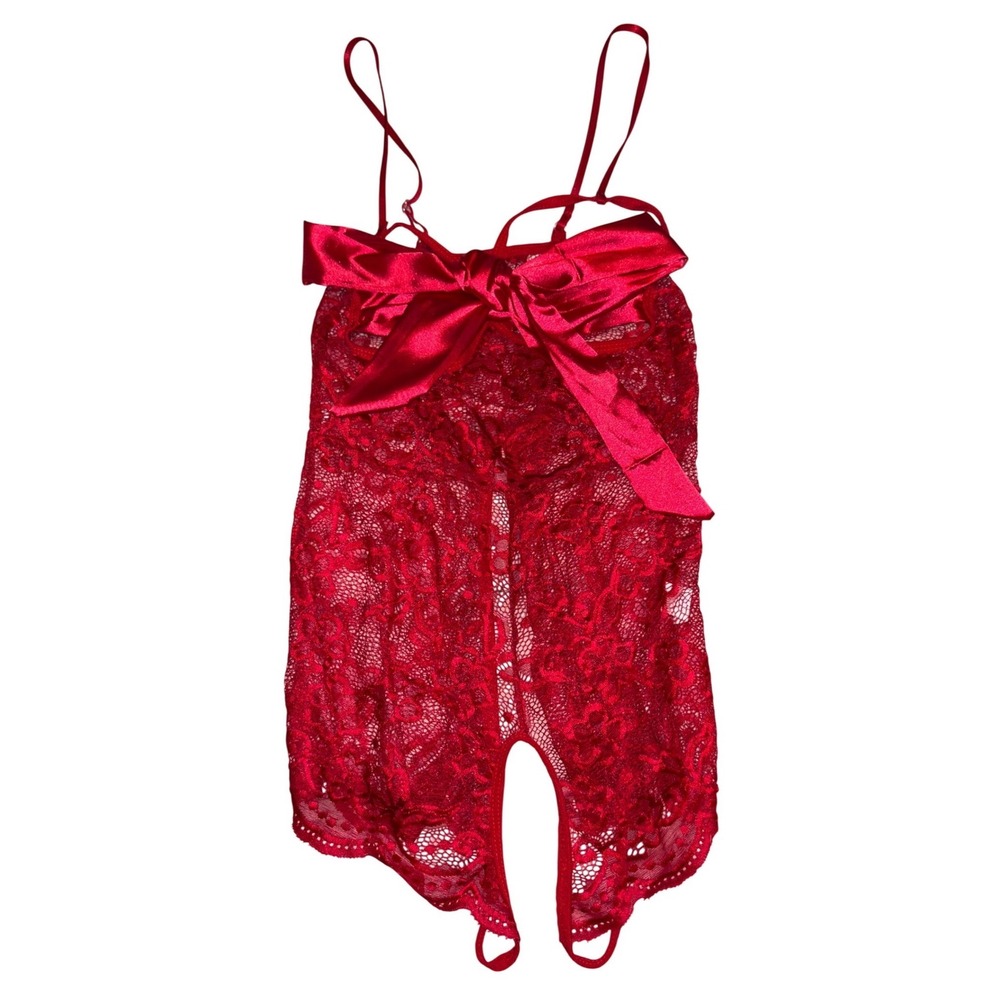 Womens Red‎ Lace Open Bust Crotchless Teddy Lingerie Bow Detail, Size Large